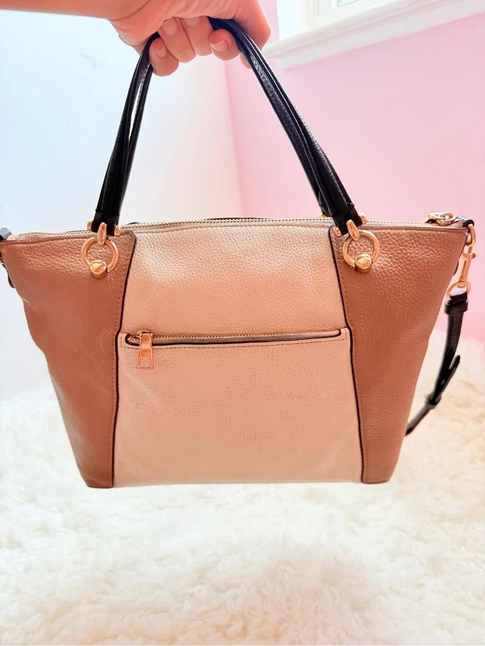 Women's Colorblock Leather Tote Bag - Cream, Tan & Black